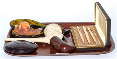 Lot 239 - Three collectors pipes, snuff box and a set of cross pins