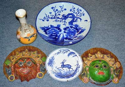 Lot 268 - A Japanese charger and vase, two masks and an English pottery plate (5)