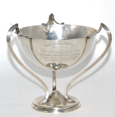 Lot 277 - An Art Nouveau silver trophy cup, Fattorini & Sons, Birmingham 1910, the circular bowl on three...