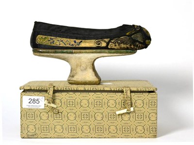 Lot 285 - Miniature Chinese hardwood furniture, original box and Chinese ladies embroidered shoe (2)