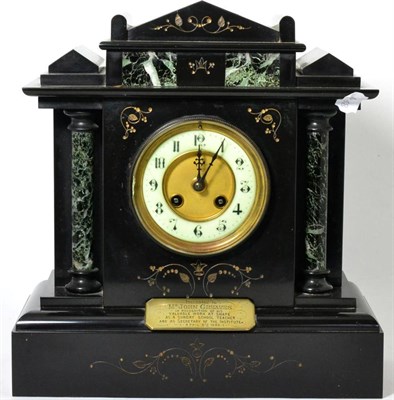 Lot 302 - A late Victorian striking marble and slate mantel clock, with presentation plaque