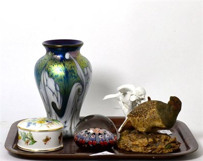 Lot 325 - Modern irridescent vase, glass paperweight, Crown Staffordshire ornaments