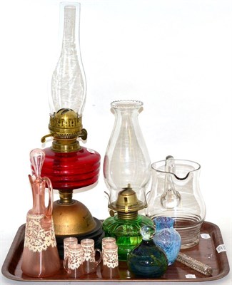 Lot 329 - A Venetian glass liqueur set, Mdina glass paperweight, two oil lamps, etc