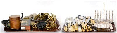 Lot 331 - Two trays of plated flatware, brass coat hooks, papier mache tray and brush, plated toast rack etc