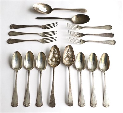 Lot 339 - A group of silver and white metal flatware, comprising: a pair of George III table spoons later...