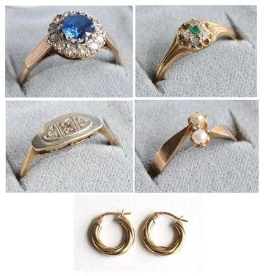 Lot 343 - Five various gem set rings, a pair of 9 carat gold earrings, silver charm bracelet and costume...