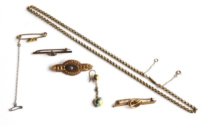 Lot 344 - Four brooches and a single earrings and a chain