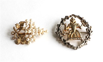 Lot 347 - A cultured pearl brooch, modelled as a bunch of grapes, stamped '9CT' and a George Tarratt...