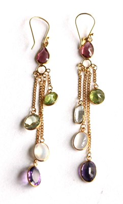 Lot 359 - A pair of multi gemstone drop earrings, stamped '585'