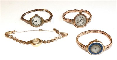 Lot 363 - Four ladies 9 carat gold wristwatches, one decorated with an enamel bezel, one signed Rotary (4)