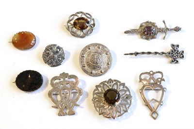 Lot 364 - Two Scottish silver citrine set brooches, two Luckenbooch brooches and seven other Scottish...