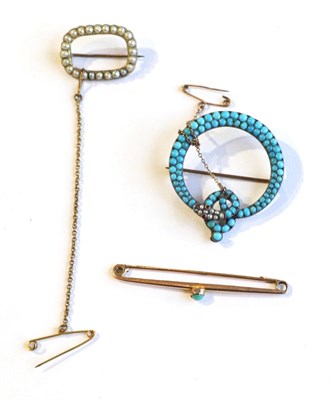 Lot 368 - A turquoise, pearl and ruby snake brooch and two other brooches