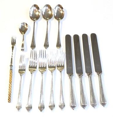 Lot 370 - A part suite of silver cutlery comprising four dinner knives, four dinner forks, three dessert...