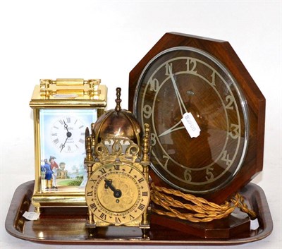 Lot 380 - A miniature lantern form brass timepiece, a modern Spode carriage timepiece with battery driven...