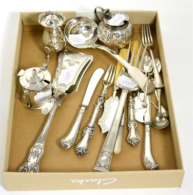 Lot 417 - Three silver condiments and assorted silver cutlery including asparagus tongs