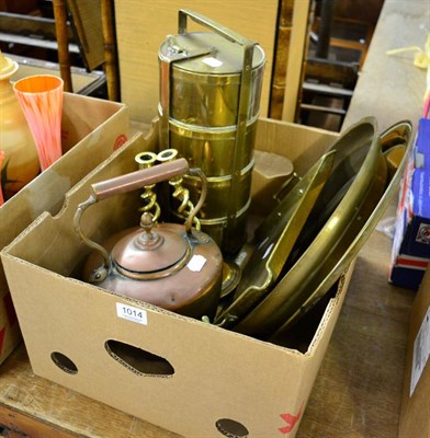 Lot 1014 - Three brass trays including an arts and craft example, a pair of bras candlesticks, copper...