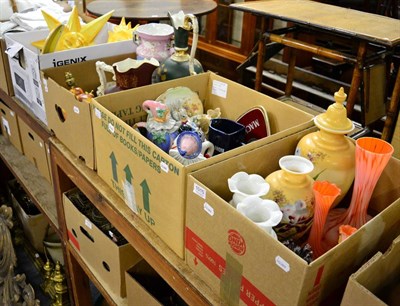 Lot 1015 - A quantity of coloured glass vases, glass figures and a quantity of ceramics (4 boxes)