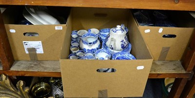 Lot 1022 - Three boxes of various blue and white ceramics including Old Willow pattern, dinnerwares, tea...