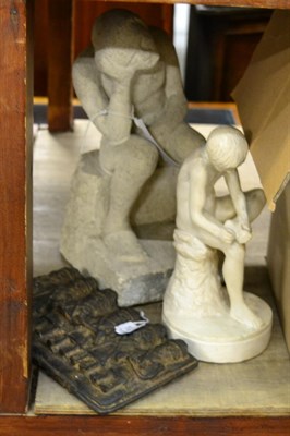 Lot 1030 - A 20th century composite stone figure of a seated man, on plinth base; together with a plaster...