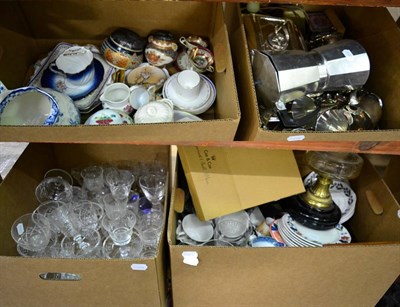 Lot 1031 - Seven boxes of miscellaneous china and glass, a cheese dome, an oil lamp, silver plate, a Victorian