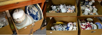 Lot 1032 - Five boxes of 19th century and later ceramics including meat plates, Staffordshire wares, tea sets