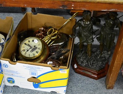 Lot 1040 - Spelter group, brass and copper, ships clock etc