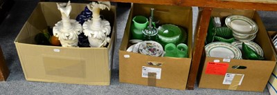 Lot 1042 - Three boxes including part dessert service, leaf plates, prunus jar and cover, green glass, etc