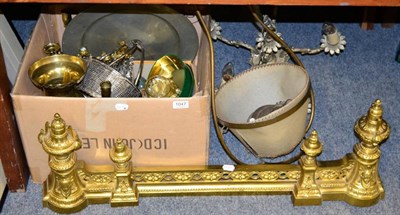 Lot 1047 - A quantity including a gilt metal fender, brass candlesticks, various light fittings, a white metal