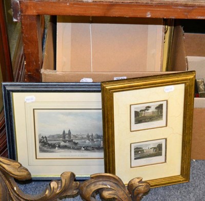 Lot 1049 - Quantity of assorted framed black and white engravings, framed watercolour landscape of...