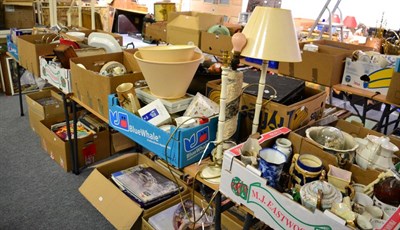 Lot 1061 - Twelve boxes of miscellaneous household china, glass and other items such as stamps, ornaments...