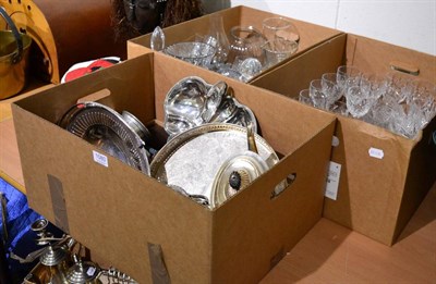 Lot 1080 - Three boxes of silver plate and cut glass including hip flasks, tea set, drinking glasses, etc