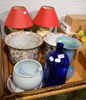 Lot 1084 - Pair of table lamps, pair of planters, modern lustre vase etc