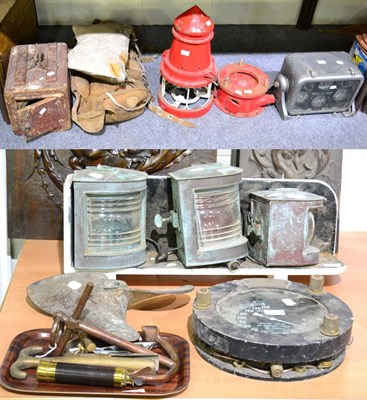 Lot 1088 - A group of marine collectables including bulk head lanterns, depth gauge, a propeller, an...