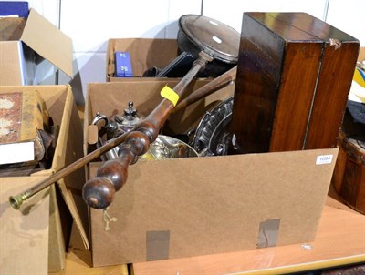 Lot 1094 - Two boxes containing pewter tea wares, silver plate including a punch bowl, a marquetry inlaid...