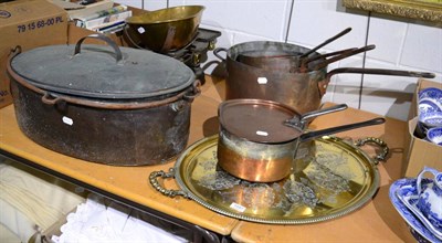 Lot 1097 - A group of 19th century and later copper kitchen wares, together with a brass pan and a set of...