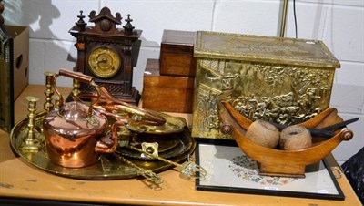 Lot 1100 - A group of miscellaneous including two 19th century boxes, a mantel clock, a group of brass and...