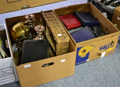 Lot 1125 - Box of copper pans, coffee grinder, brass cutlery