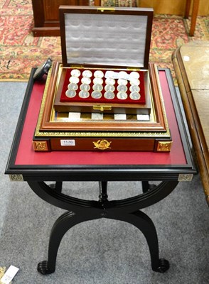 Lot 1176 - A Waterloo chess set with ebonised table, games board, chess men and a set of draughts in...