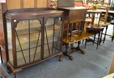 Lot 1190 - Two standard lamps, a mahogany vitrine, two oak tables and a middle eastern occasional table (6)