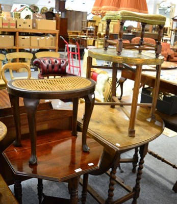 Lot 1191 - An oak drop leaf table, three occasional tables, three stools, standard lamp and a music...