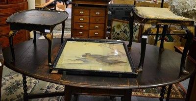 Lot 1211 - A Japanned coffee table and similar stool an Oriental silk work