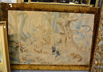 Lot 1219 - A painted canvas depicting a stag and hounds, signed M Mortelli