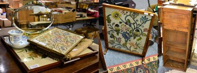 Lot 1228 - Oak framed fire screen/occasional table with embroidery inset, barbola mirror, mahogany tray...