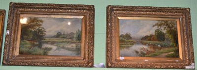 Lot 1241 - E Lancaster Hooper, swans before a loch and a figure beside a river in an open landscape,...