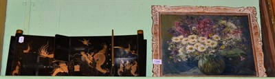 Lot 1246 - A gilt framed oil, still life and two lacquer wall panels etc