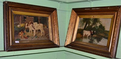 Lot 1250 - After Edgar Hunt (1876-1953), Two calves in a stable, oil on canvas, together with a further oil on