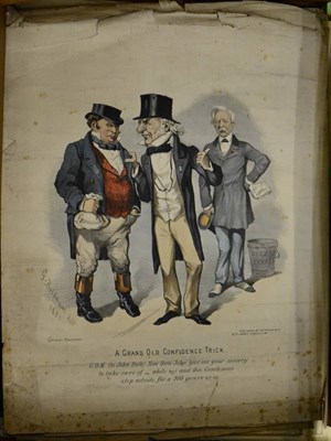 Lot 1252 - A folio of assorted satirical prints, maps and coloured engravings, etc, 19th century and later