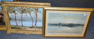 Lot 1274 - After Sir Peter Scott (BRITISH, 1909-1989) Geese alighting, singed print together with a framed oil