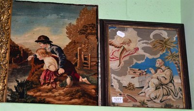 Lot 1277 - Victorian Berlin needlework picture, Victorian carpet picture and a further needlework panel