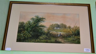 Lot 1284 - A watercolour depicting a landscape scene with figures signed L Lewis, reverse label printed...